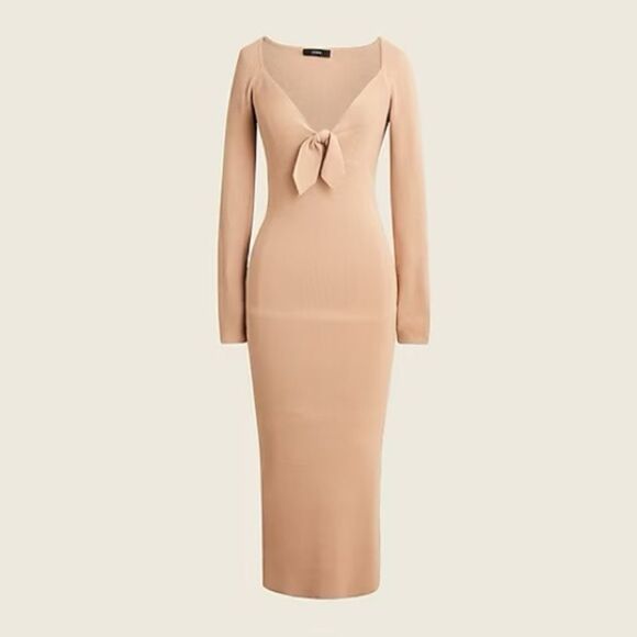 NWT J.Crew Ribbed Tie-Front Ballet Style Sweater-Dress Almond Tan Brown S Small - Picture 1 of 10